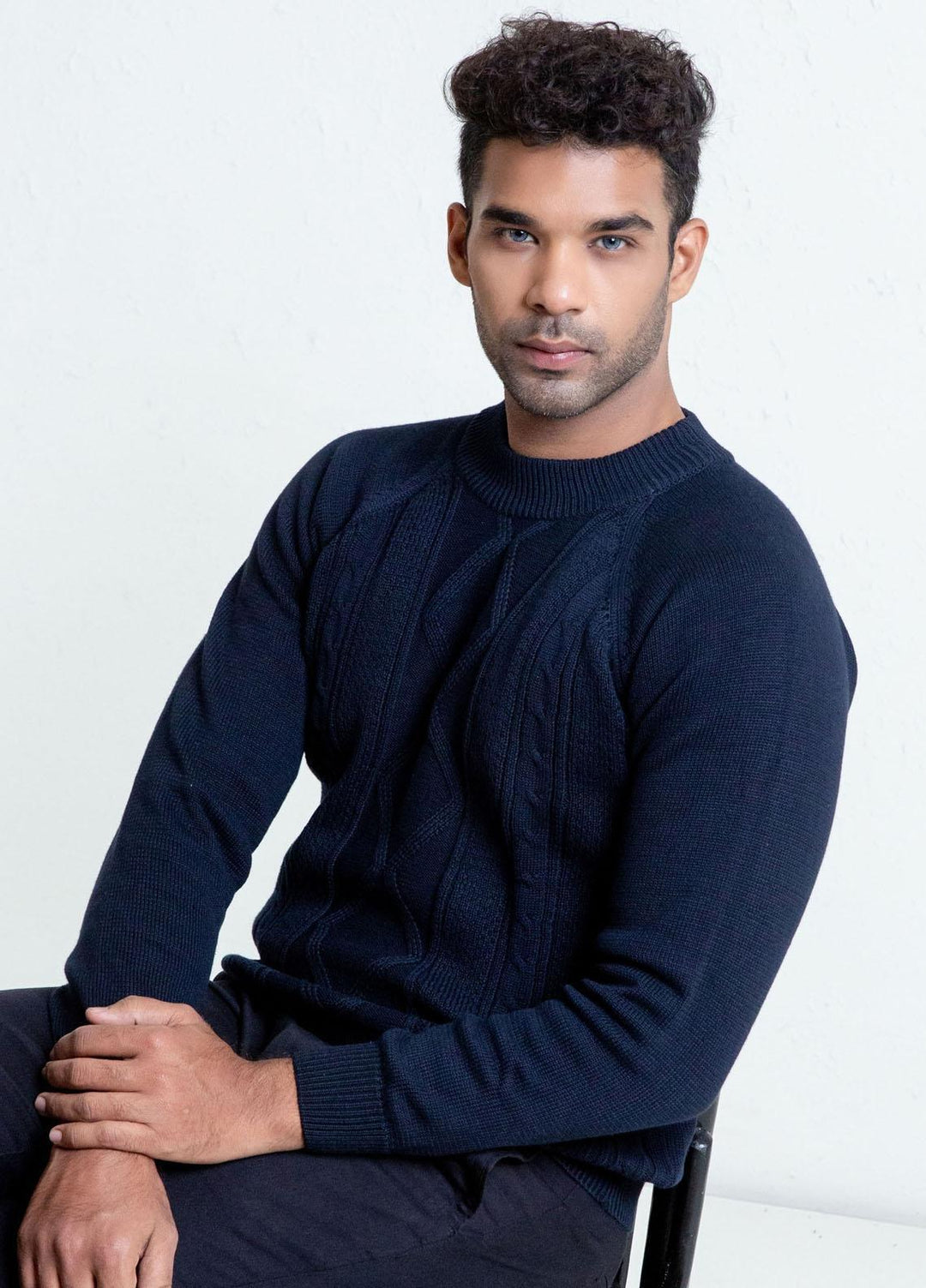Brumano Cotton Casual Mens Sweaters -  Navy Blue Cable Knitted Mock Neck Sweater