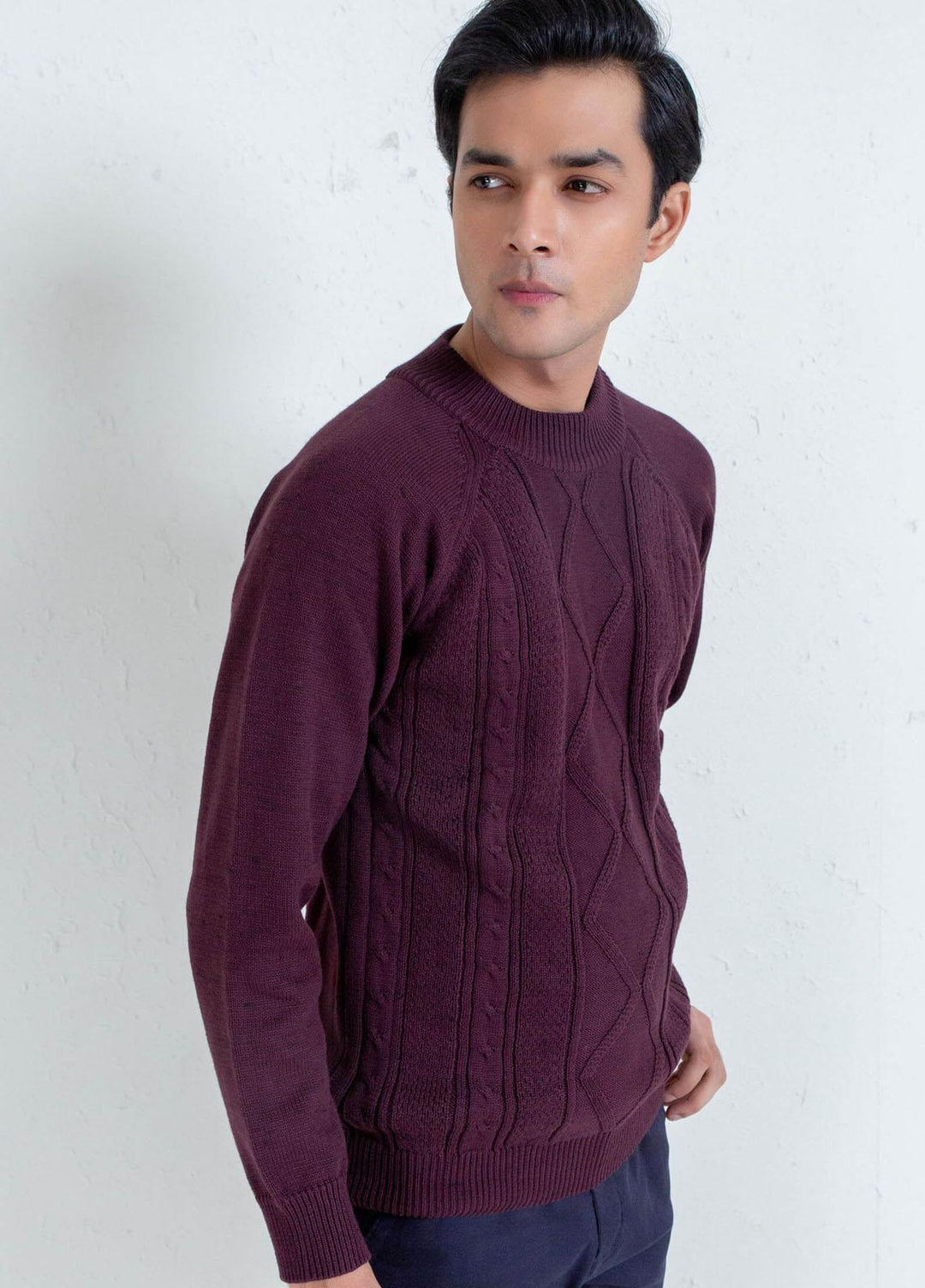 Brumano Cotton Casual Sweaters for Mens -  Burgundy Cable Knitted Mock Neck Sweater