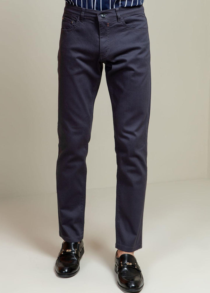 Brumano Cotton Casual Trousers for Mens - Blue Grey Slub Five Pocket Slim Fit Trouser
