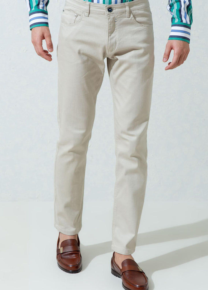 Brumano Cotton Casual Trousers for Mens - Blue Beige Slub Five Pocket Slim Fit Trouser
