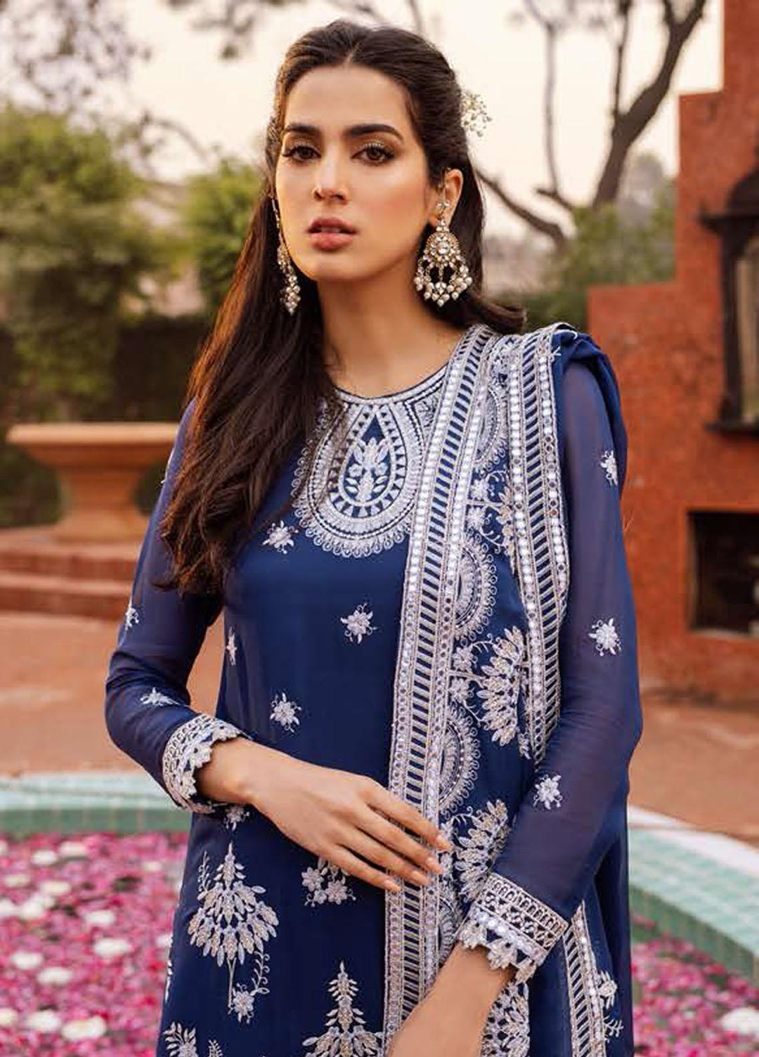 Luxe Atelier By Cross Stitch Embroidered Chiffon Suits Unstitched 4 Piece CS22LA 02 INDIGO ORNAMENT - Luxury Collection