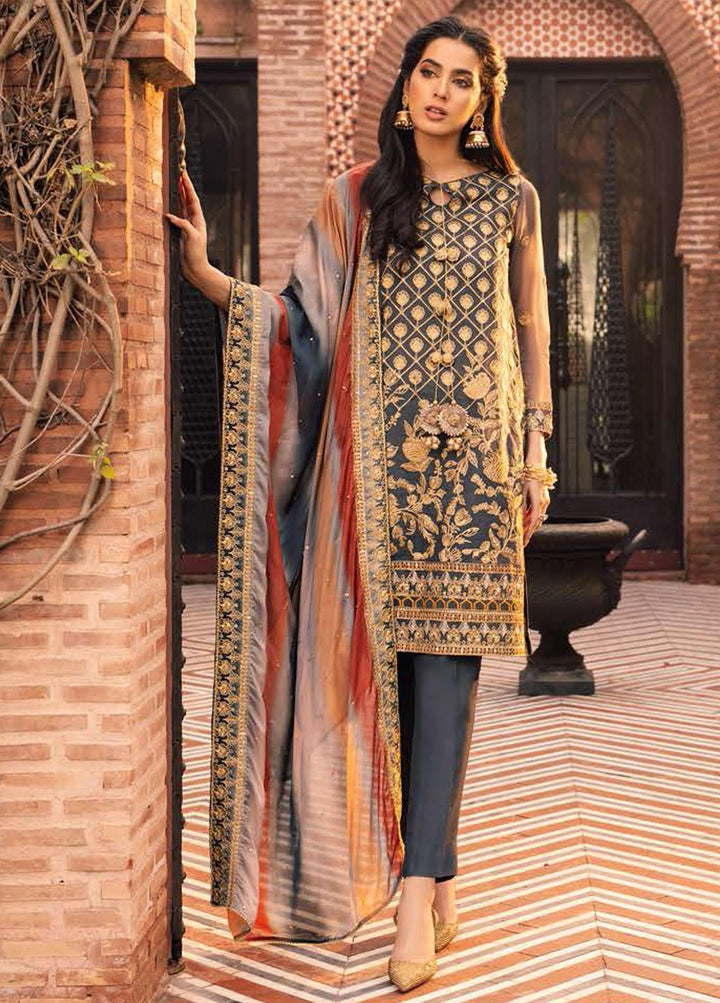 Luxe Atelier By Cross Stitch Embroidered Organza Suits Unstitched 4 Piece CS22LA 07 AUROUS CHARCOAL - Luxury Collection