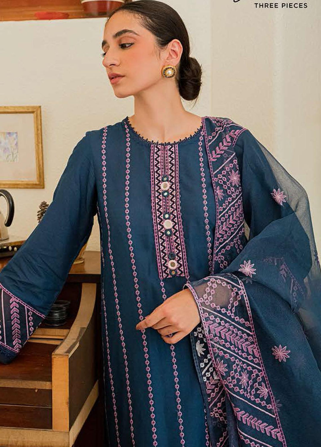 Mahiri By Cross Stitch Embroidered Cambric Suits Unstitched 3 Piece CS22MH-6 01 ASTER AZURE - Festive Collection