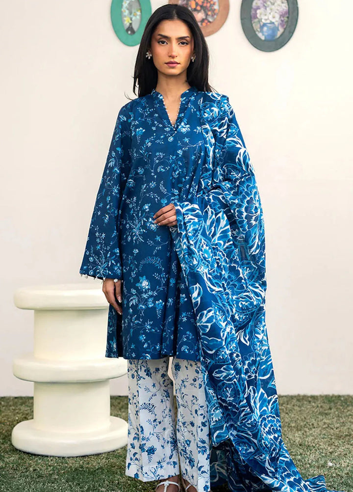 Cross Stitch Printed Lawn Suits Unstitched 3 Piece CS25DL Blue Roseate - Summer Collection