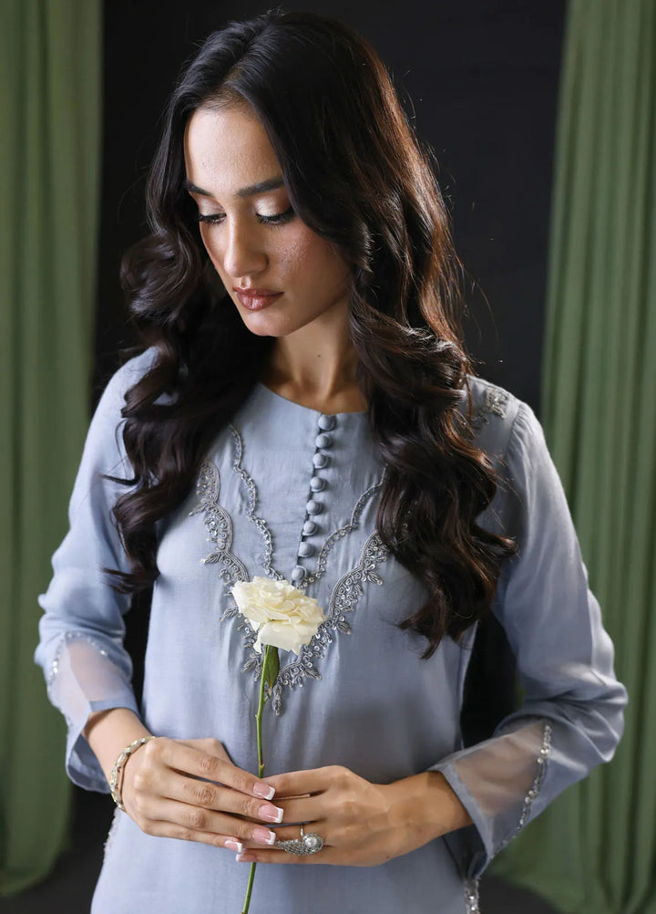 Cyanic Pret Embroidered Raw Silk 3 Piece Suit Icy Mist
