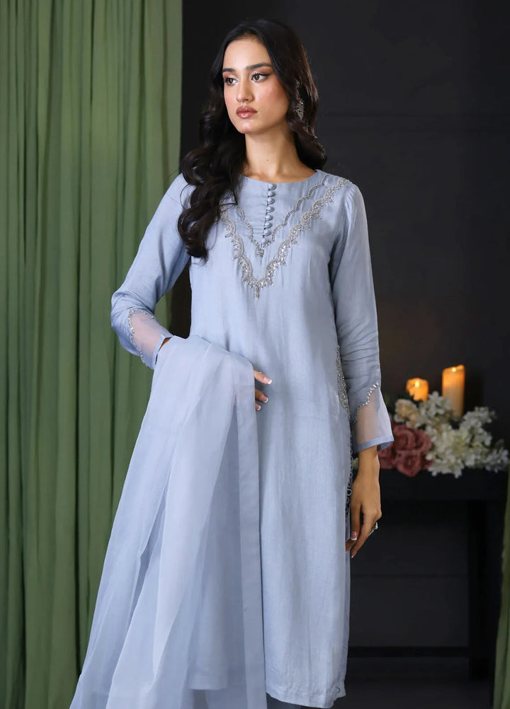 Cyanic Pret Embroidered Raw Silk 3 Piece Suit Icy Mist