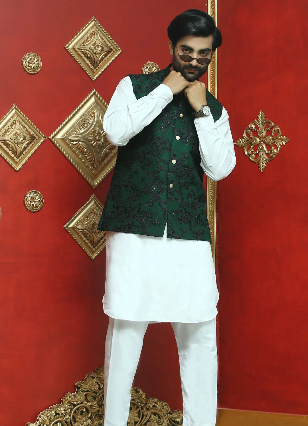 Edge Republic Kurta Pajama And Waist Coat ER WC 1008 Geen With Black Shimmer Embroidery