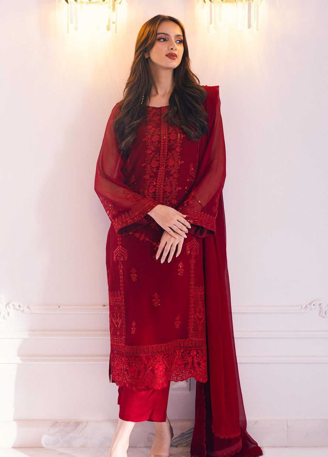 Ella By Sahane Embroidered Chiffon Suit Unstitched 3 Piece SNE23EL SAH-1011 Scarlet - Formal Collection