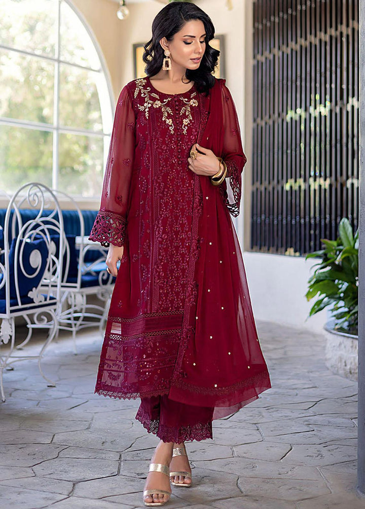 Ensembles By Azure Embroidered Chiffon Suits Unstitched 4 Piece AZU23ES Antique Rouge - Festive Collection