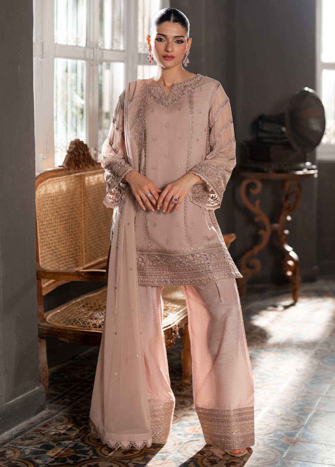 Ensembles by Azure Embroidered Chiffon Suits Unstitched 3 Piece AZU25EF Twilight Ash ES-111 - Festive Collection
