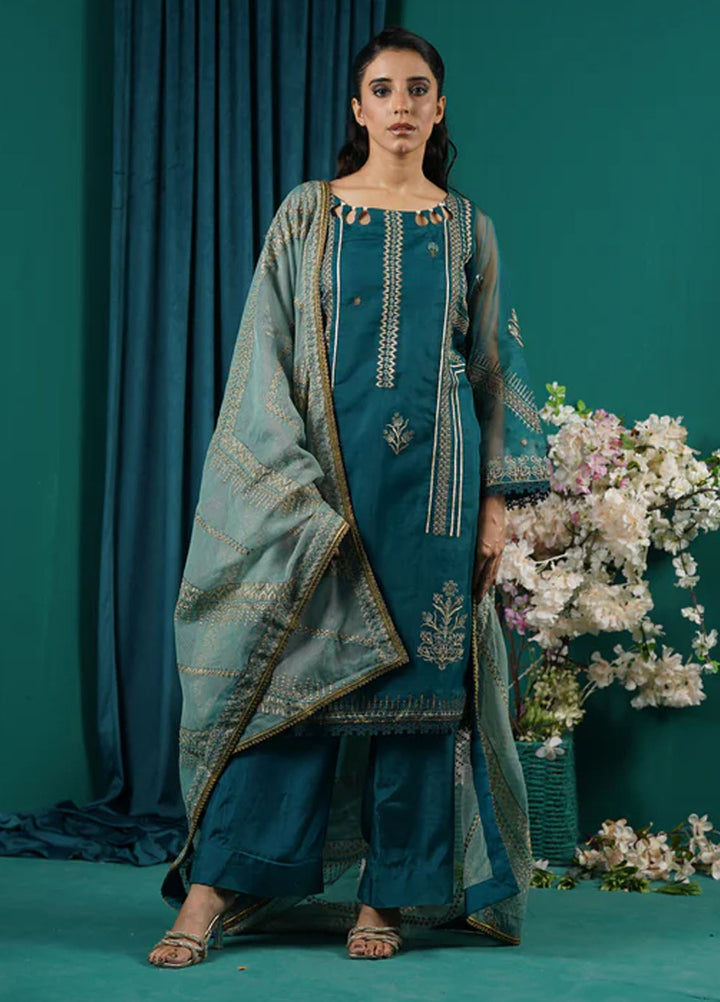 Fascino Embroidered Organza Suits Unstitched 3 Piece Persian Green - Festive Collection