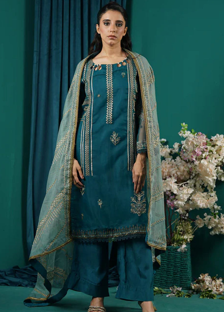 Fascino Embroidered Organza Suits Unstitched 3 Piece Persian Green - Festive Collection