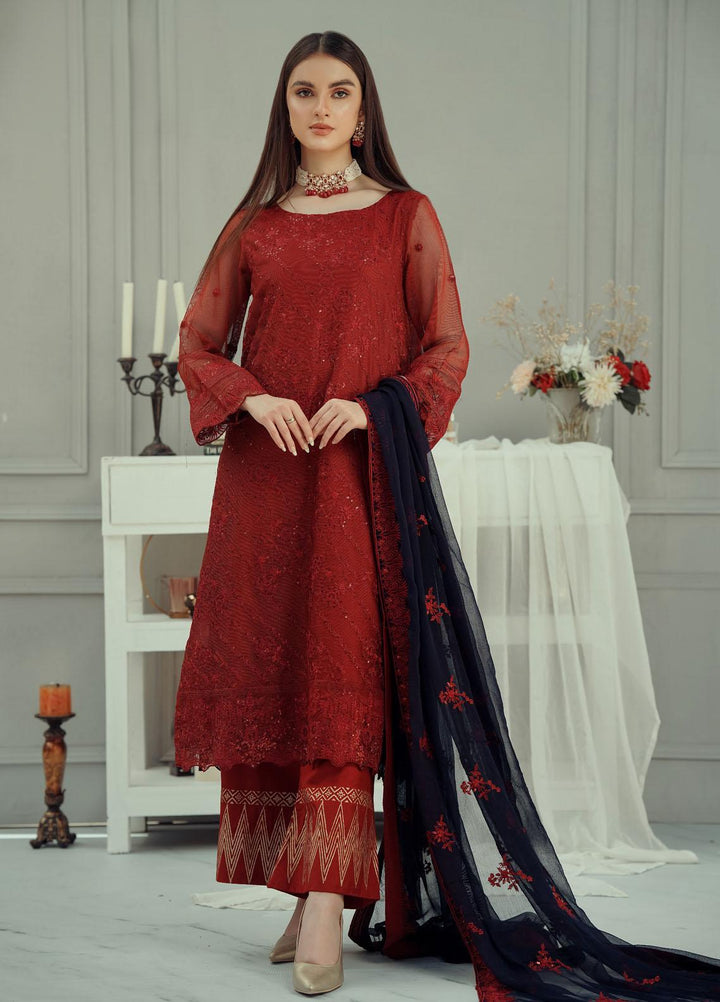 Fascino Embroidered Khaadi Net Suits Unstitched 3 Piece FN22F SPRAKLING RED - Festive Collection
