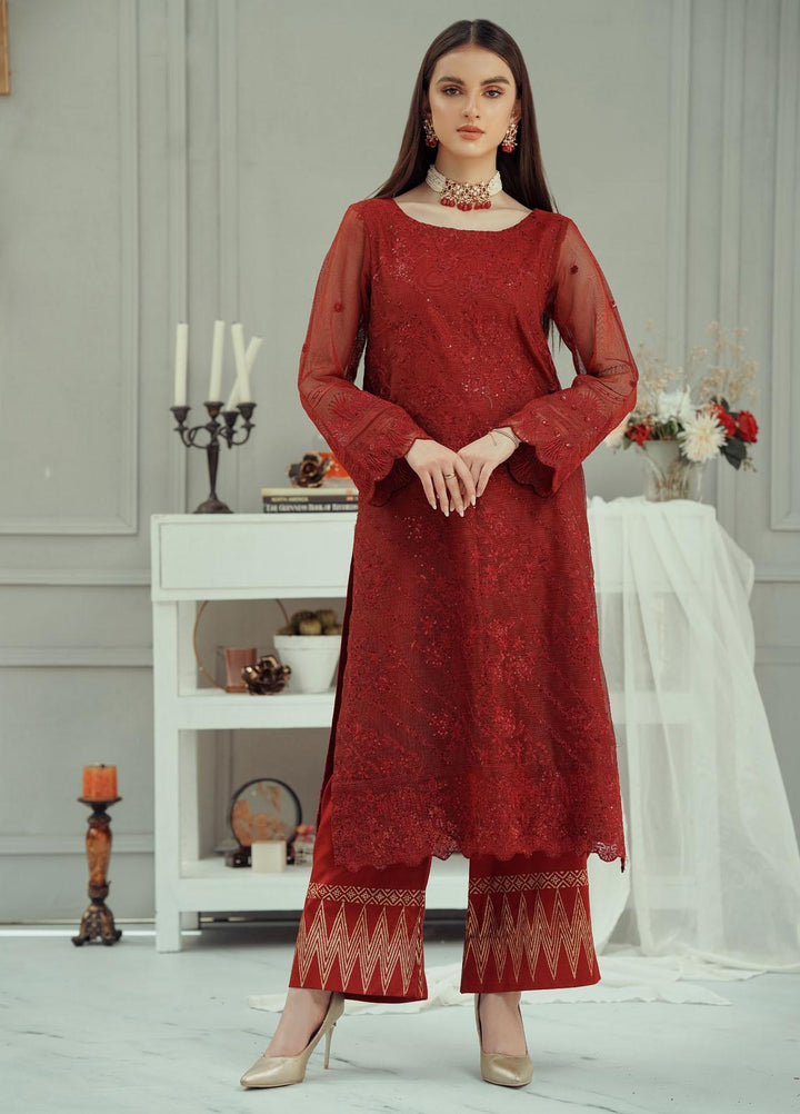 Fascino Embroidered Khaadi Net Suits Unstitched 3 Piece FN22F SPRAKLING RED - Festive Collection