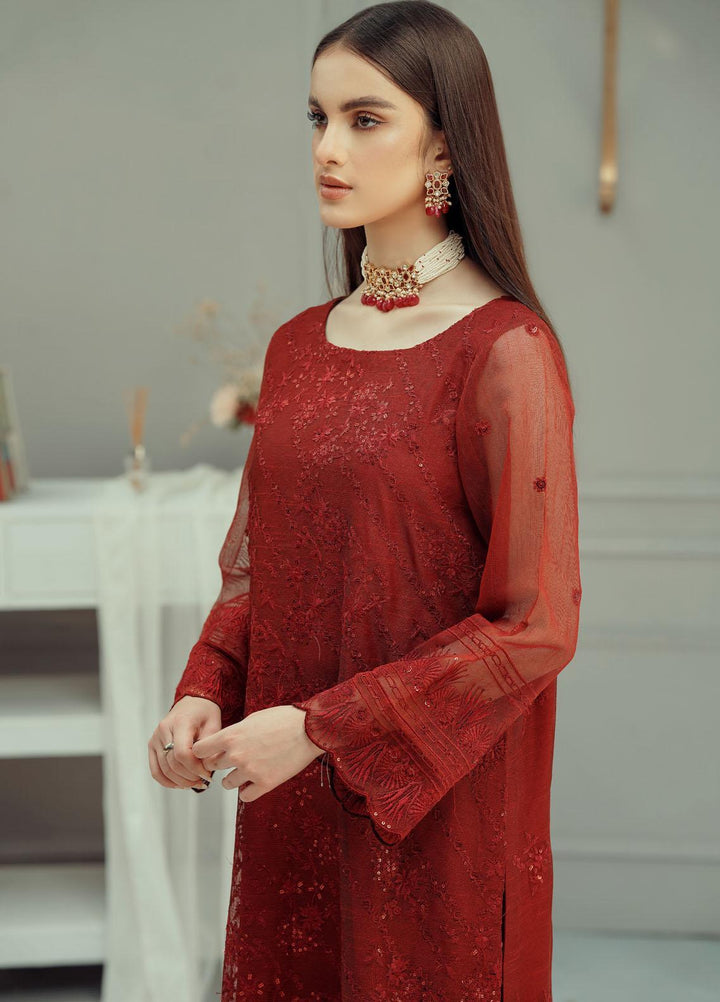 Fascino Embroidered Khaadi Net Suits Unstitched 3 Piece FN22F SPRAKLING RED - Festive Collection