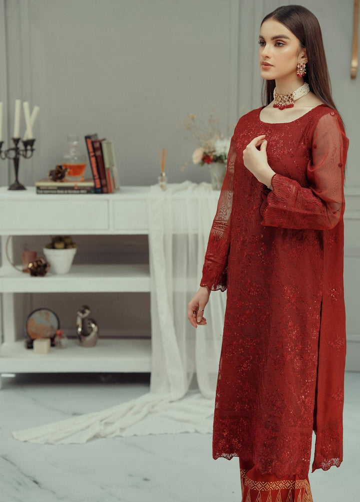 Fascino Embroidered Khaadi Net Suits Unstitched 3 Piece FN22F SPRAKLING RED - Festive Collection