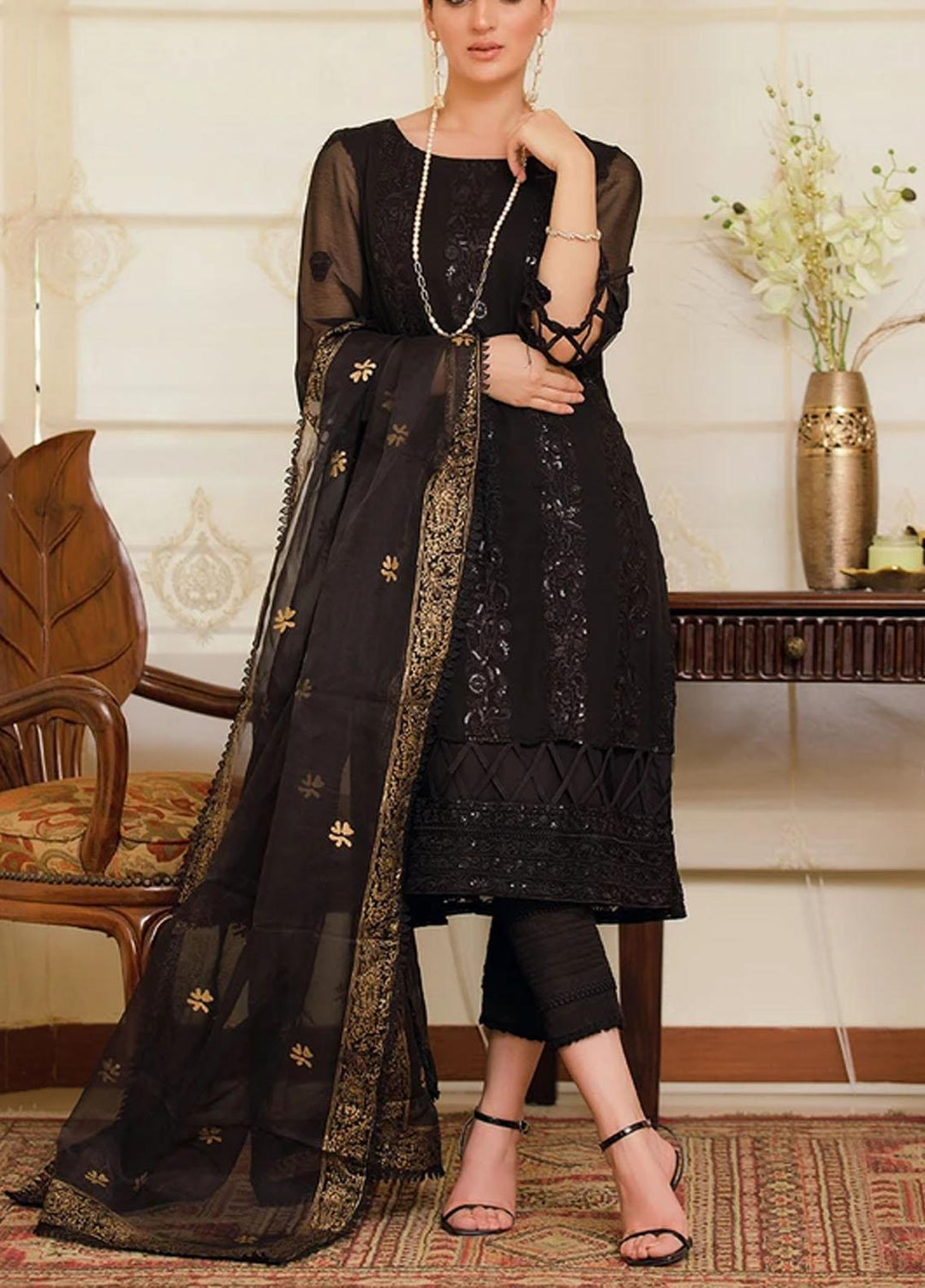 LA FLORA By Fascino Embroidered Chiffon Suits Unstitched 3 Piece FN21-LF2 Magnetic Night - Luxury Collection