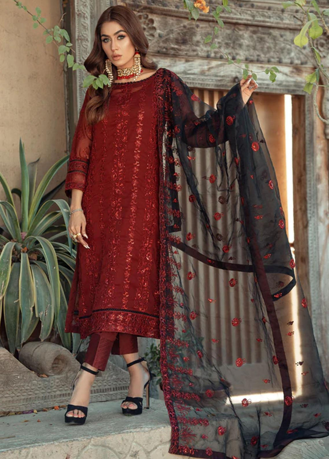 LA FLORA By Fascino Embroidered Chiffon Suits Unstitched 3 Piece FN22-LF3 DESIRING RUBY  - Luxury Collection