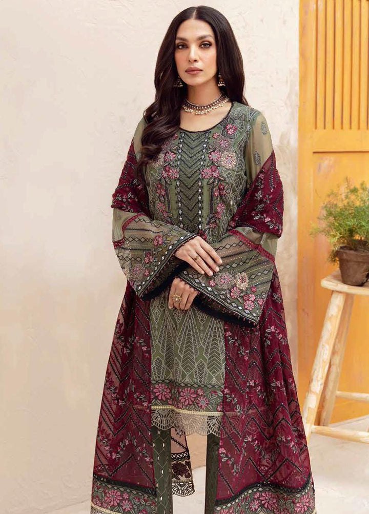 Flossie Embroidered Chiffon Suits Unstitched 3 Piece FE-402 Juniper - Luxury Collection