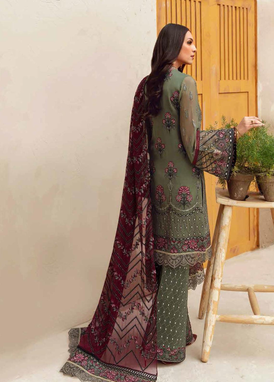 Flossie Embroidered Chiffon Suits Unstitched 3 Piece FE-402 Juniper - Luxury Collection