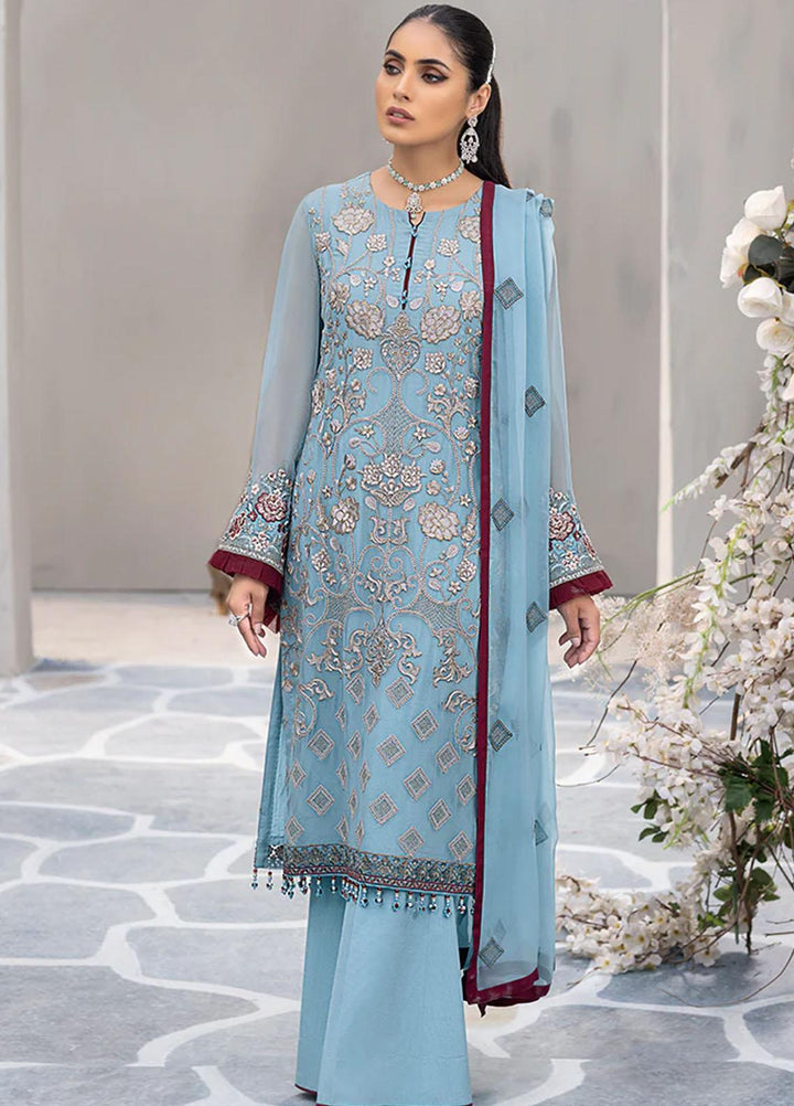 Flossie Embroidered Chiffon Suits Unstitched 3 Piece FS23EU K-1209 Sapphire Beryl - Festive Collection