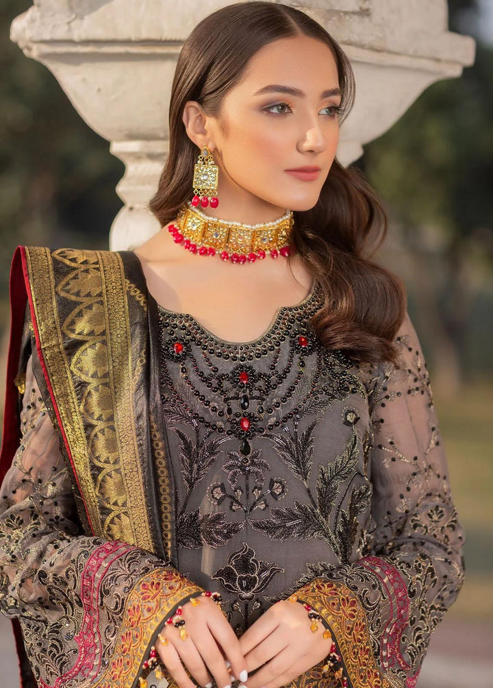 Flossie Embroidered Chiffon Suits Unstitched 3 Piece Grey Wisper - Luxury Collection