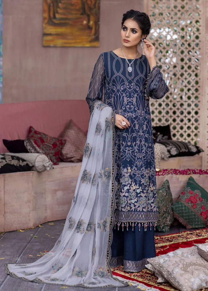 Flossie Embroidered Chiffon Suits Unstitched 3 Piece FE-307 Blue Sapphire - Luxury Collection