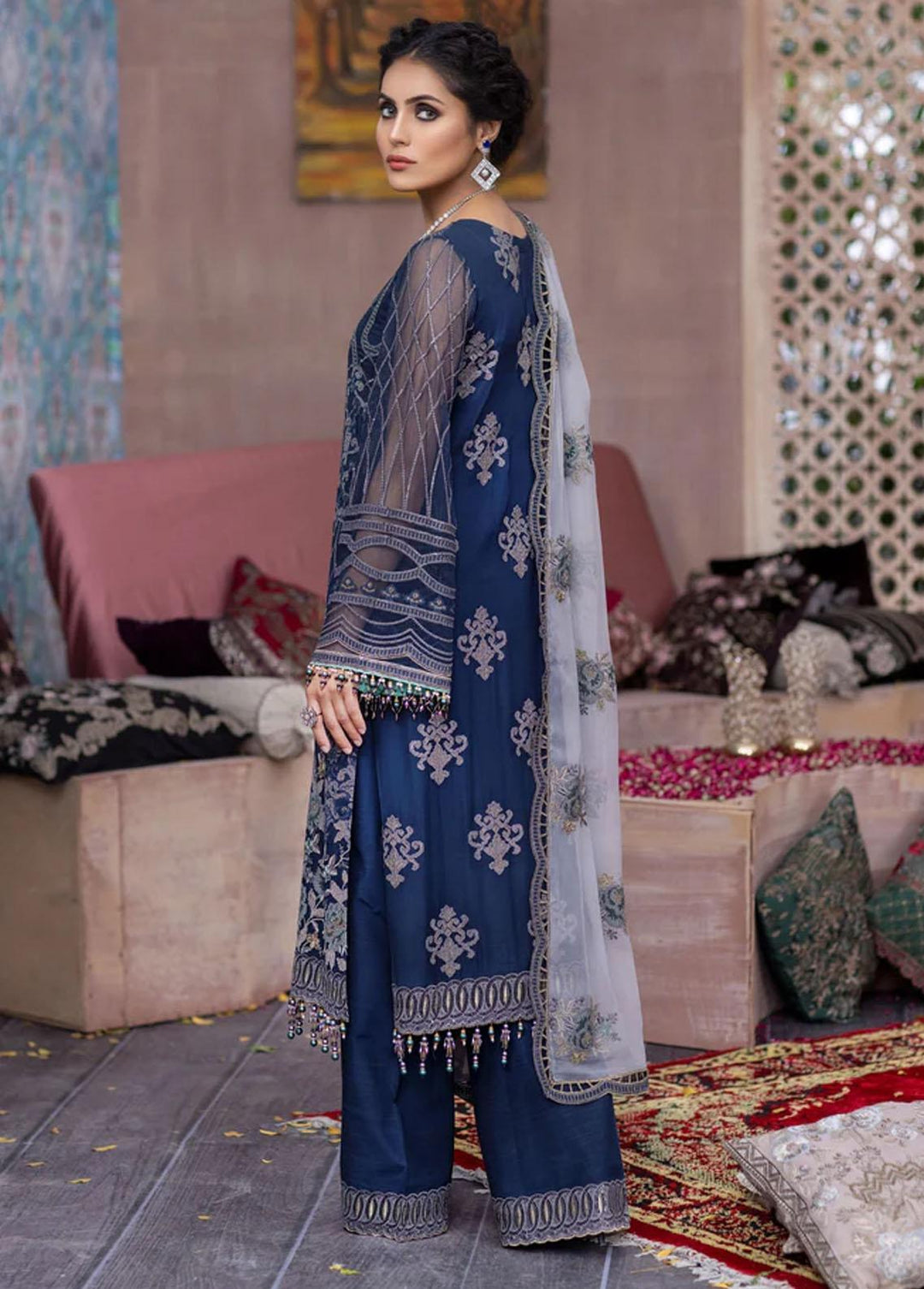 Flossie Embroidered Chiffon Suits Unstitched 3 Piece FE-307 Blue Sapphire - Luxury Collection