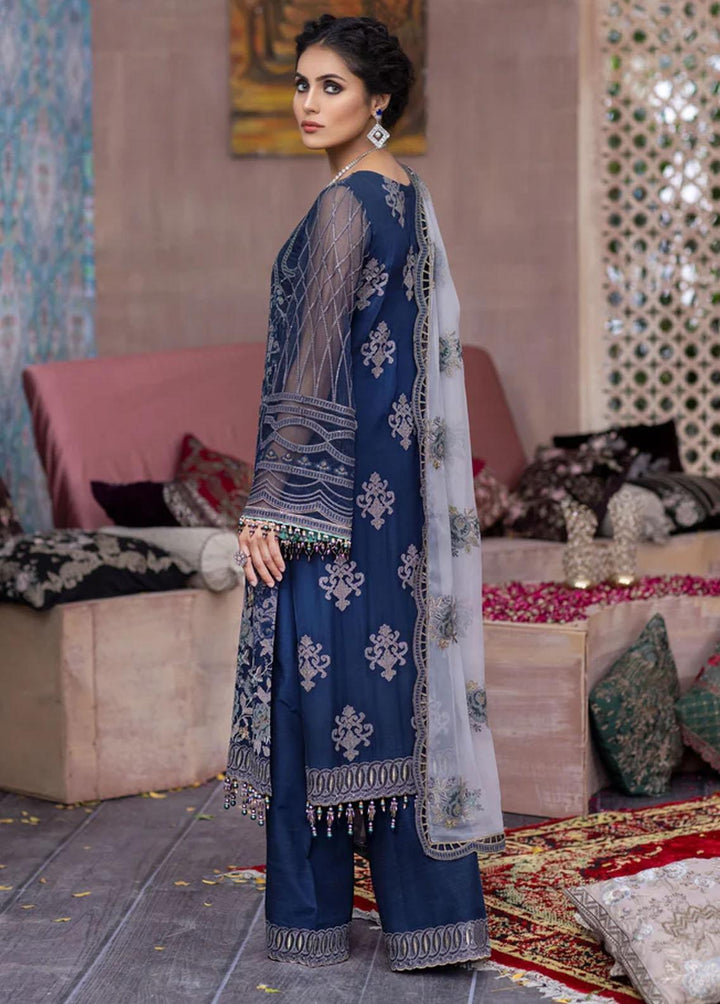 Flossie Embroidered Chiffon Suits Unstitched 3 Piece FE-307 Blue Sapphire - Luxury Collection
