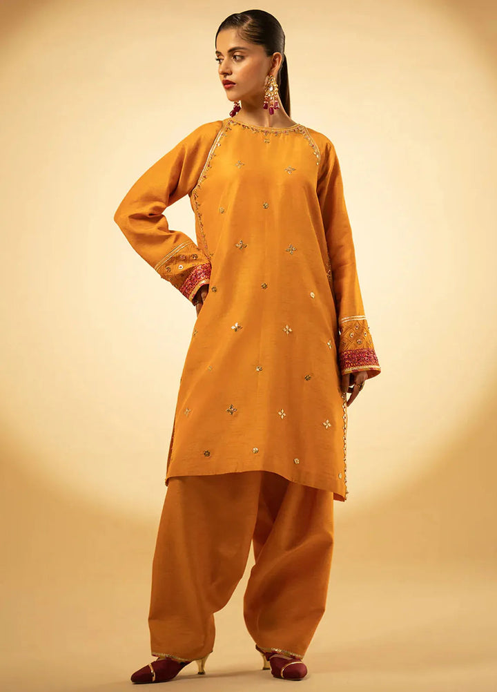 Fozia Khalid Pret Embroidered Raw Silk 3 Piece Suit Luxe Amber