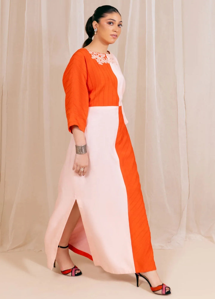 Fozia Khalid Luxury Pret Raw Silk Kaftan Coral Bloom