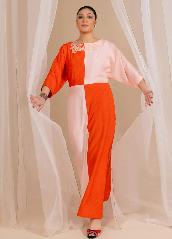 Fozia Khalid Luxury Pret Raw Silk Kaftan Coral Bloom