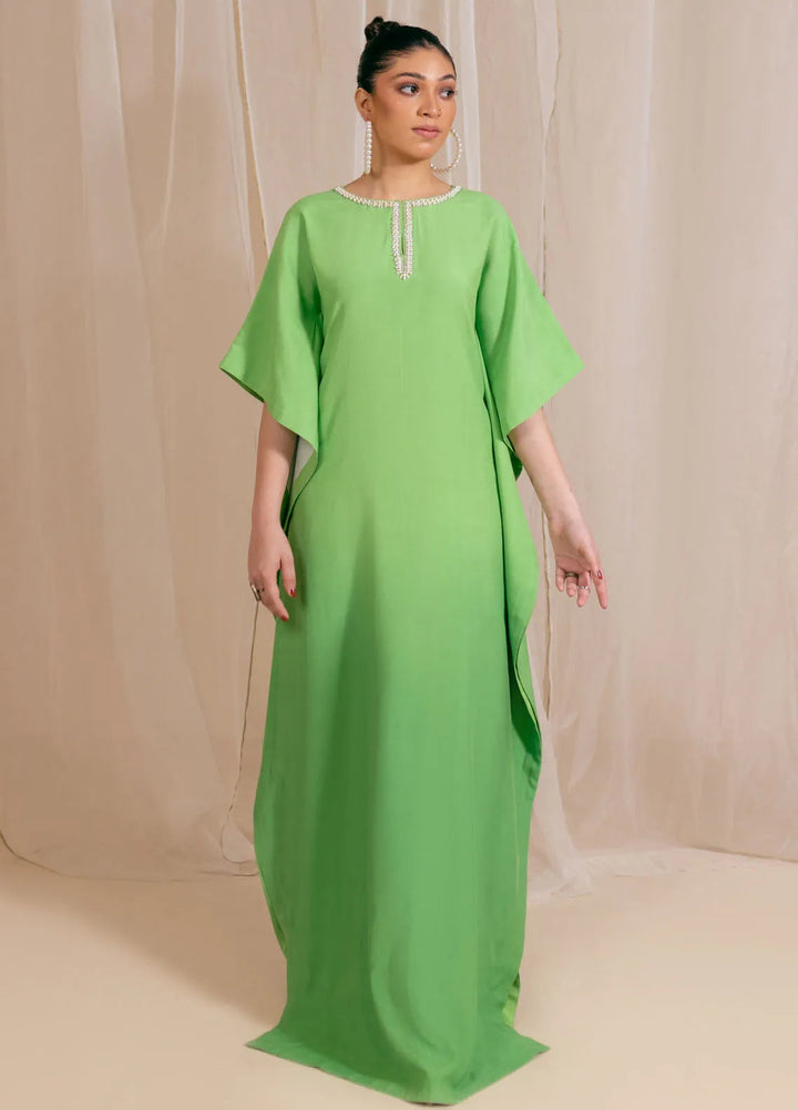 Fozia Khalid Luxury Pret Raw Silk Kaftan Mint Dusk