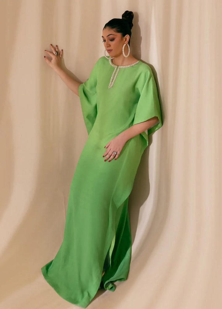 Fozia Khalid Luxury Pret Raw Silk Kaftan Mint Dusk