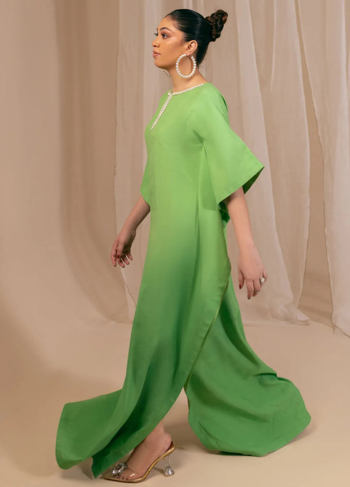 Fozia Khalid Luxury Pret Raw Silk Kaftan Mint Dusk