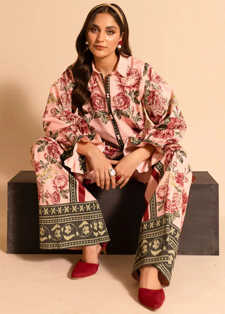 Fozia Khalid Pret Casual Khaadi Silk 2 Piece Suit Coral