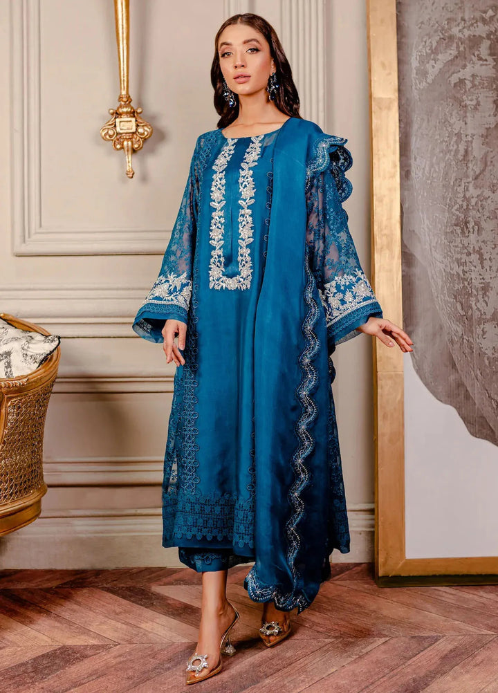 Fozia Khalid Pret Embroidered Organza 3 Piece Suit Sherpa Blue