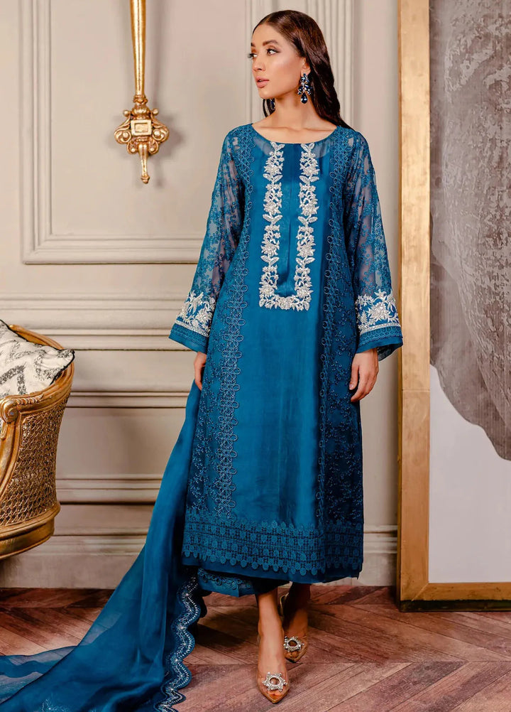 Fozia Khalid Pret Embroidered Organza 3 Piece Suit Sherpa Blue