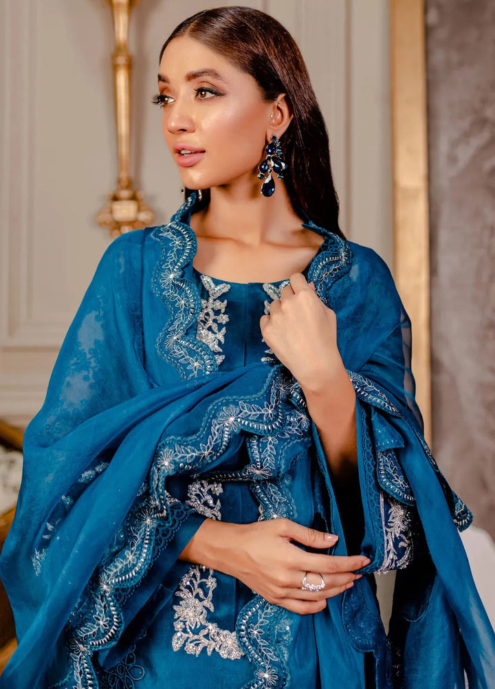 Fozia Khalid Pret Embroidered Organza 3 Piece Suit Sherpa Blue