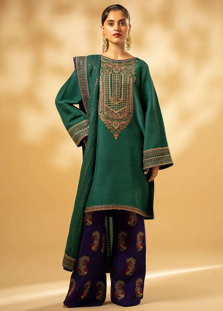 Fozia Khalid Pret Embroidered Raw Silk 3 Piece Suit Emerald Craftsmanship