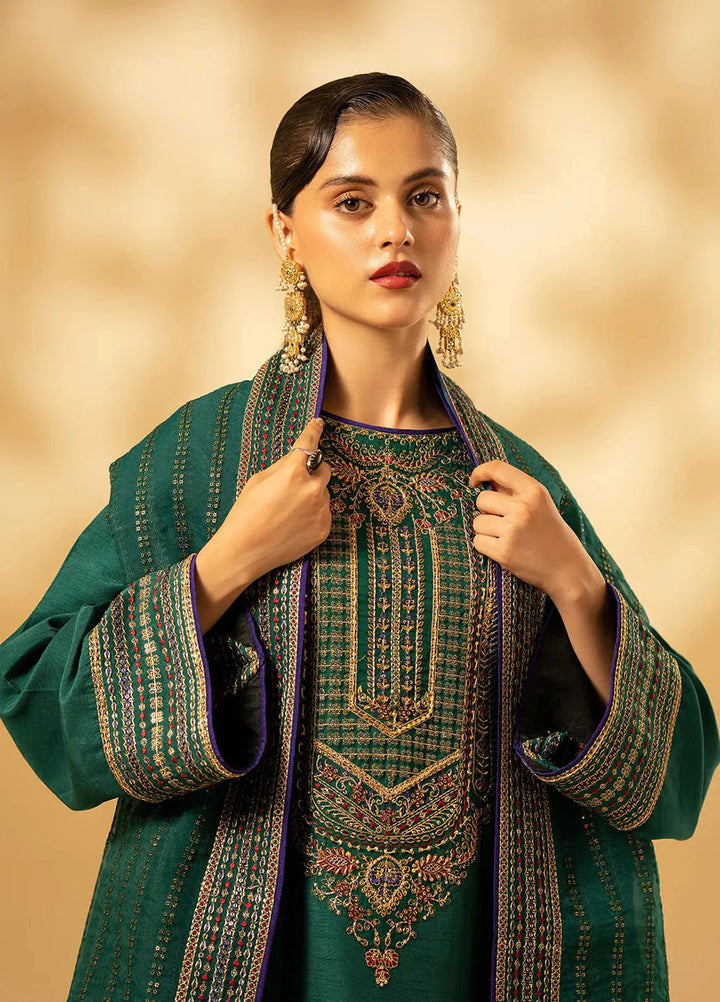 Fozia Khalid Pret Embroidered Raw Silk 3 Piece Suit Emerald Craftsmanship