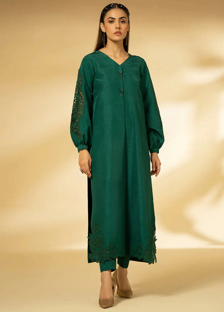 Fozia Khalid Pret Embroidered Raw Silk 3 Piece Suit Emerald Symphony