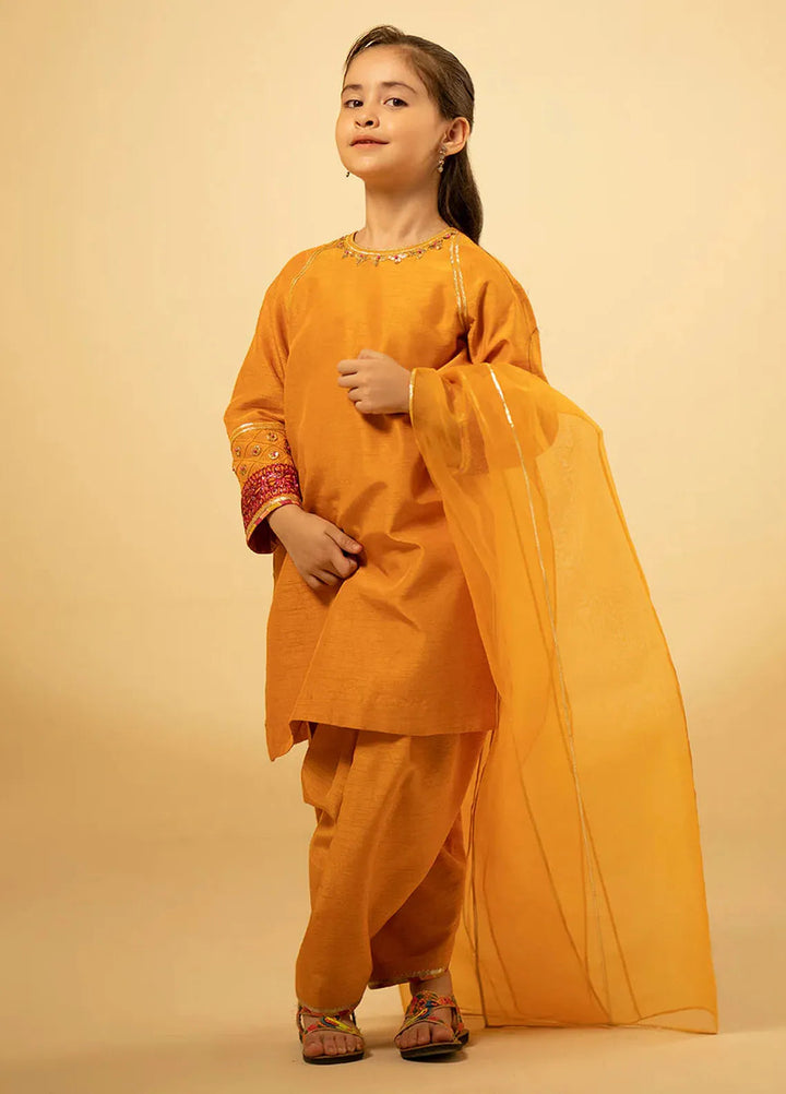 Fozia Khalid Pret Embroidered Raw Silk 3 Piece Suit For Kids Luxe Amber