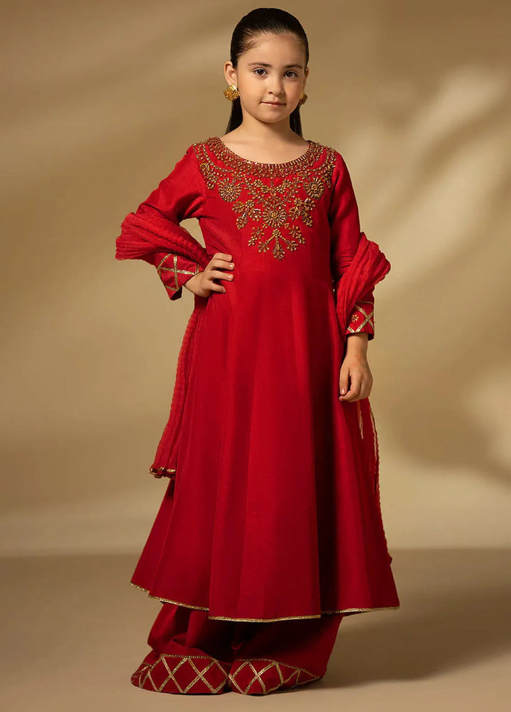 Fozia Khalid Pret Embroidered Raw Silk 3 Piece Suit For Kids Scarlet Dynasty