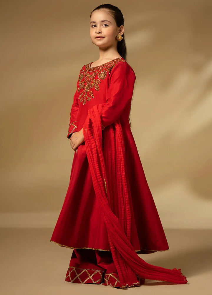 Fozia Khalid Pret Embroidered Raw Silk 3 Piece Suit For Kids Scarlet Dynasty