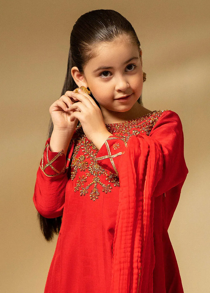 Fozia Khalid Pret Embroidered Raw Silk 3 Piece Suit For Kids Scarlet Dynasty