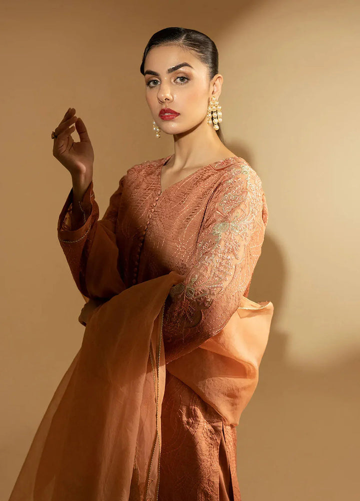 Fozia Khalid Pret Embroidered Raw Silk 3 Piece Suit Peach Hues