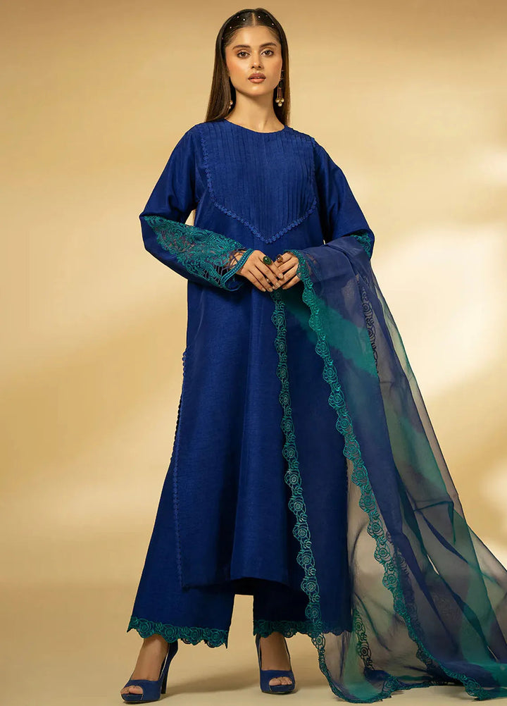 Fozia Khalid Pret Embroidered Raw Silk 3 Piece Suit Sapphire Elegance