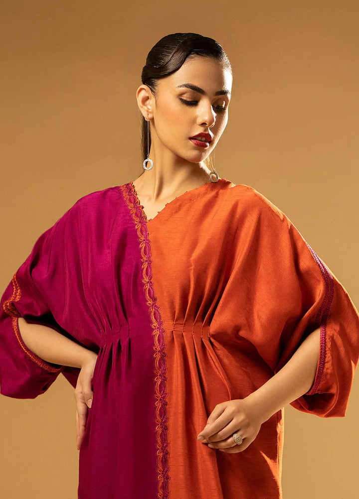 Fozia Khalid Pret Embroidered Raw Silk Kaftan Split-Tone Kaftan