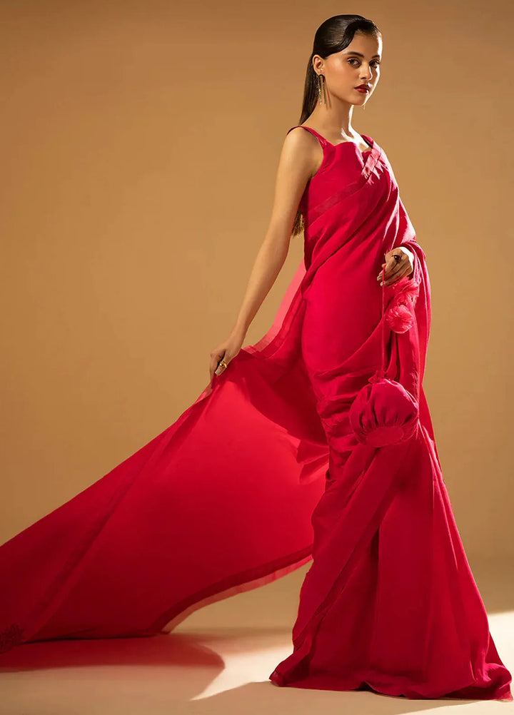 Fozia Khalid Pret Embroidered Raw Silk Saree Fuchsia Finesse